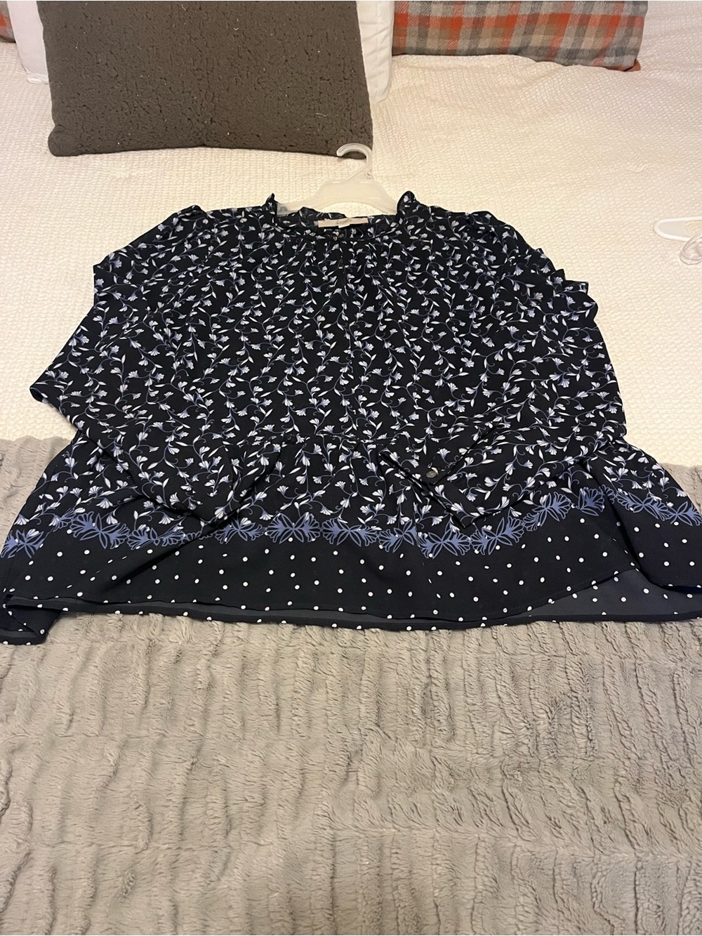 LOFT Navy Floral Border Print Long-Sleeve Blouse